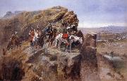 Charles M Russell Indians on a Bluff Surverying General Miles-Troops oil